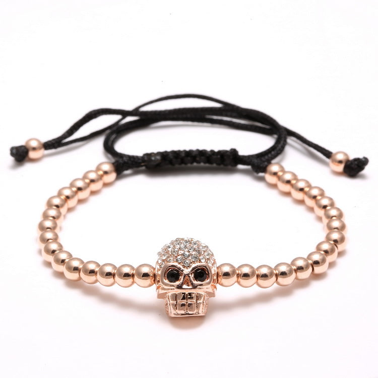 Wholesale Braided Zircon 4mm Copper Bead Skull Adjustable Bracelet