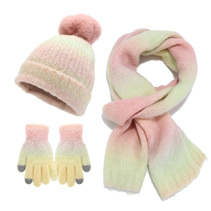 Wholesale Tie-dyed Wool Hat Scarf Gloves Three-piece Set Fashion Wool Ball Knitted Hat Set