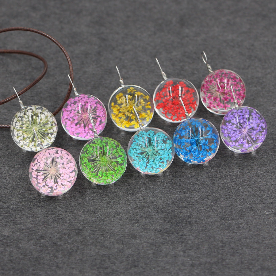 Wholesale Crystal Glass Dried Flower Pendant Necklace Pink Lace Ball Charm Trendy Jewelry Accessory For Daily Wear