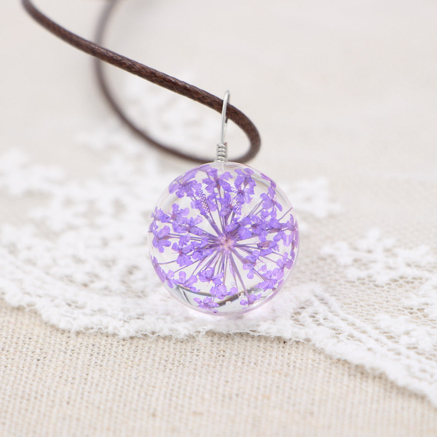 Wholesale Crystal Glass Dried Flower Pendant Necklace Pink Lace Ball Charm Trendy Jewelry Accessory For Daily Wear