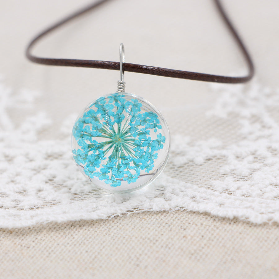 Wholesale Crystal Glass Dried Flower Pendant Necklace Pink Lace Ball Charm Trendy Jewelry Accessory For Daily Wear