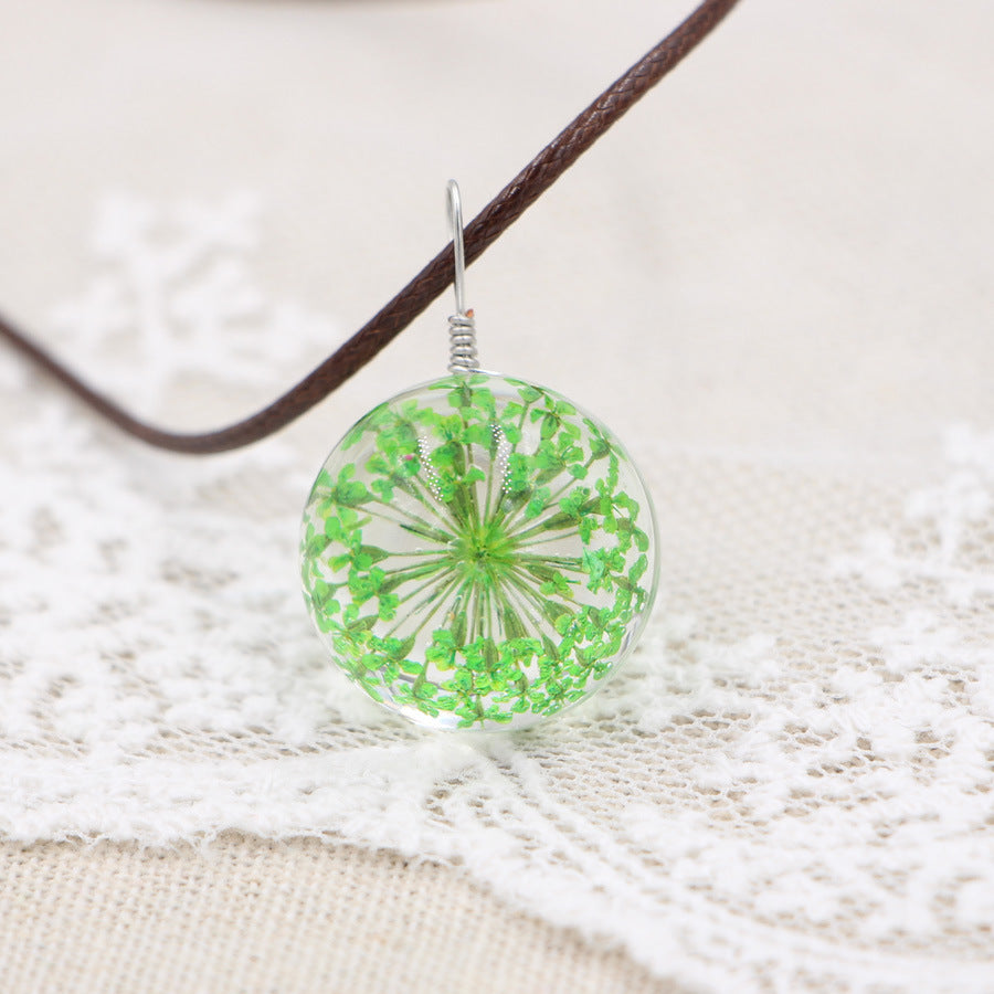 Wholesale Crystal Glass Dried Flower Pendant Necklace Pink Lace Ball Charm Trendy Jewelry Accessory For Daily Wear