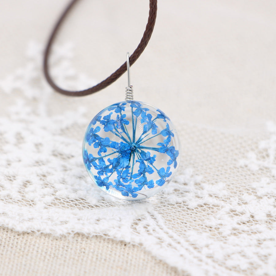 Wholesale Crystal Glass Dried Flower Pendant Necklace Pink Lace Ball Charm Trendy Jewelry Accessory For Daily Wear