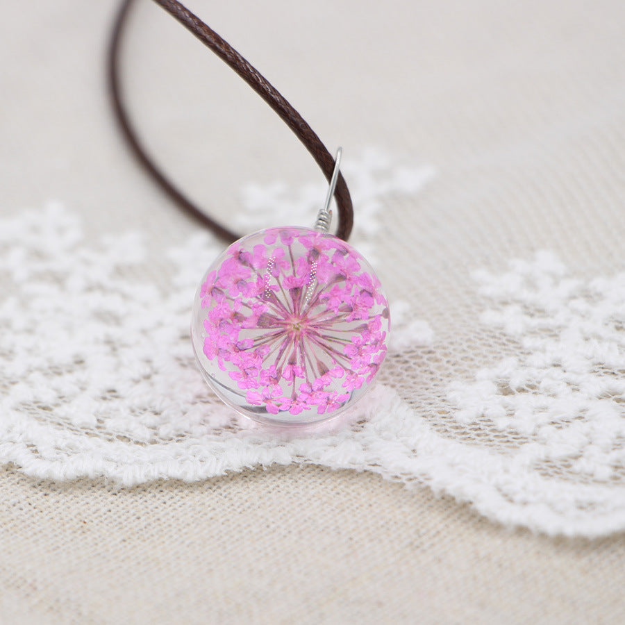 Wholesale Crystal Glass Dried Flower Pendant Necklace Pink Lace Ball Charm Trendy Jewelry Accessory For Daily Wear
