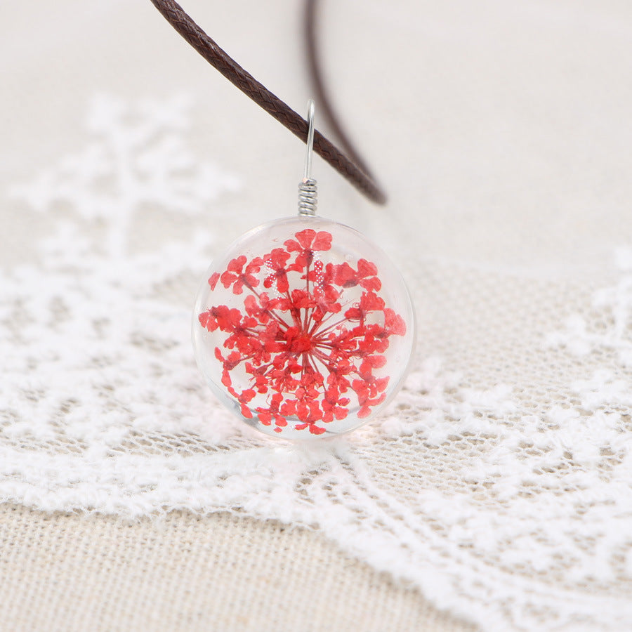 Wholesale Crystal Glass Dried Flower Pendant Necklace Pink Lace Ball Charm Trendy Jewelry Accessory For Daily Wear