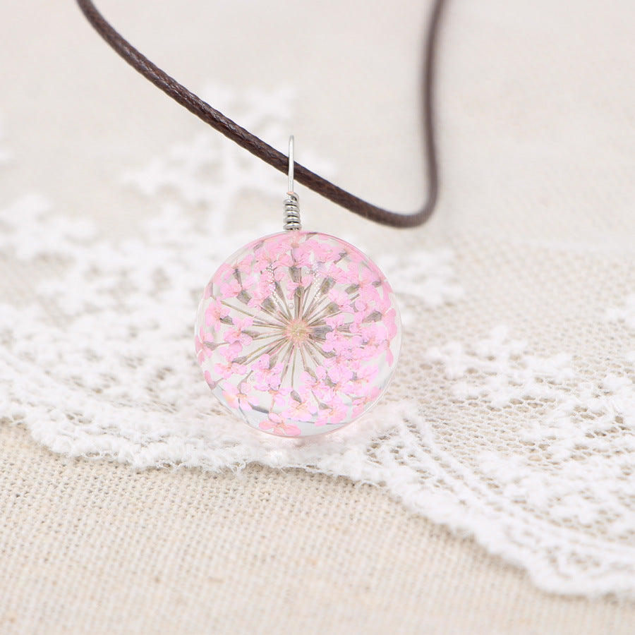 Wholesale Crystal Glass Dried Flower Pendant Necklace Pink Lace Ball Charm Trendy Jewelry Accessory For Daily Wear
