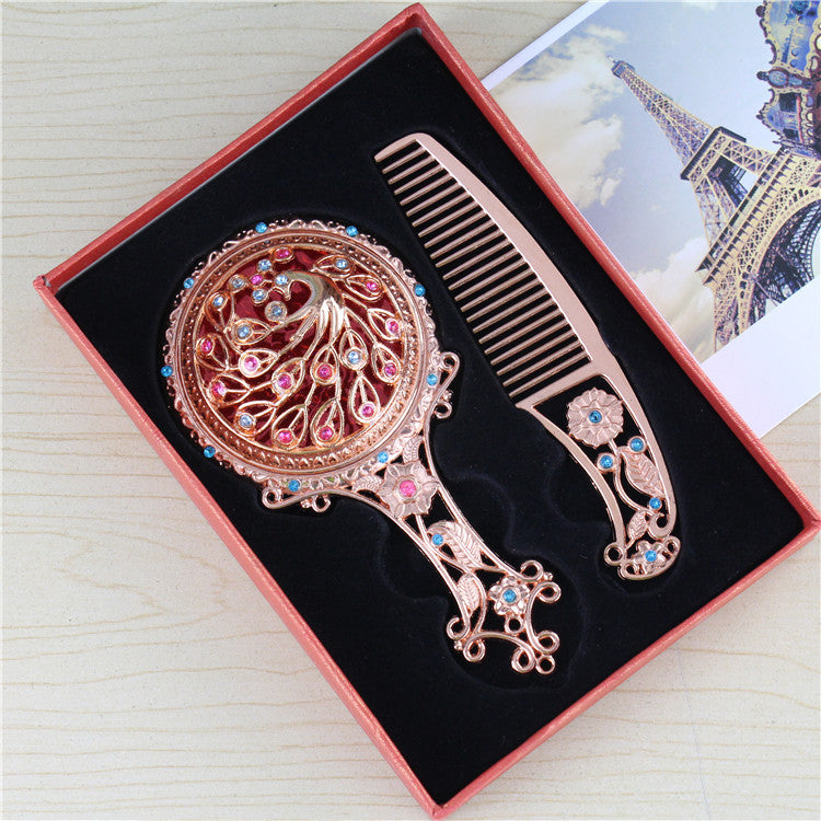 Wholesale Ethnic Style Rose Gold Carving with Comb Handle Exquisite Gift Box Packaging Mirror