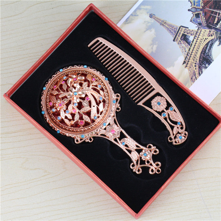 Wholesale Ethnic Style Rose Gold Carving with Comb Handle Exquisite Gift Box Packaging Mirror
