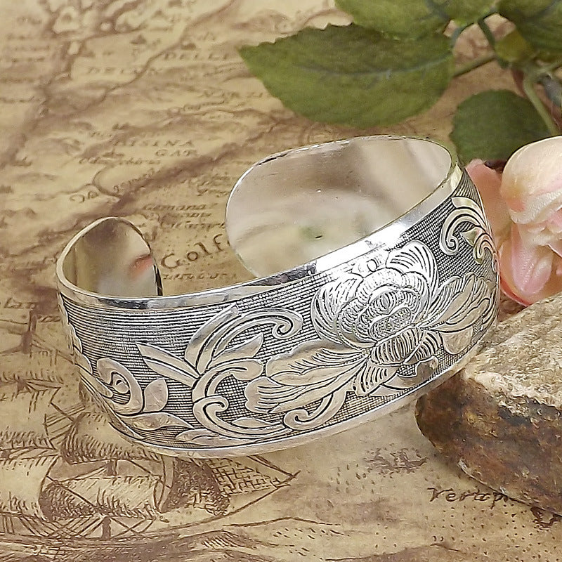 Wholesale Retro Ethnic Style Peony Wide Bracelet