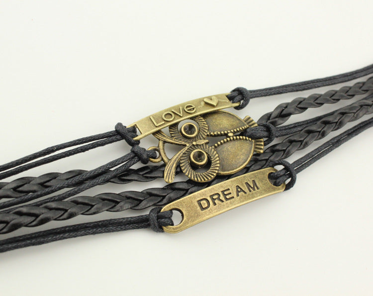 Accesorios de cuerda de cuero múltiples al por mayor Brazalete de búho con ojos grandes trenzados