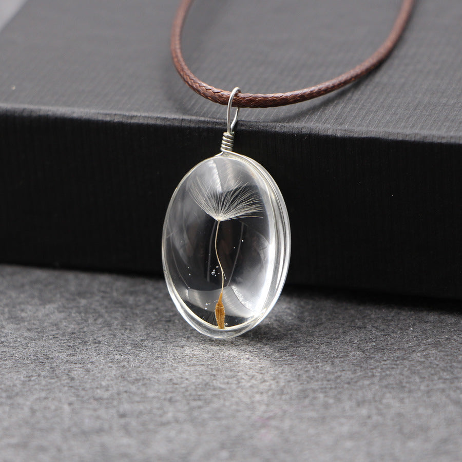 Wholesale Handmade Dandelion Glass Pendant Necklace Three Flower Oval Design Fashion Jewelry Accessory For Gift And Everyday Wear