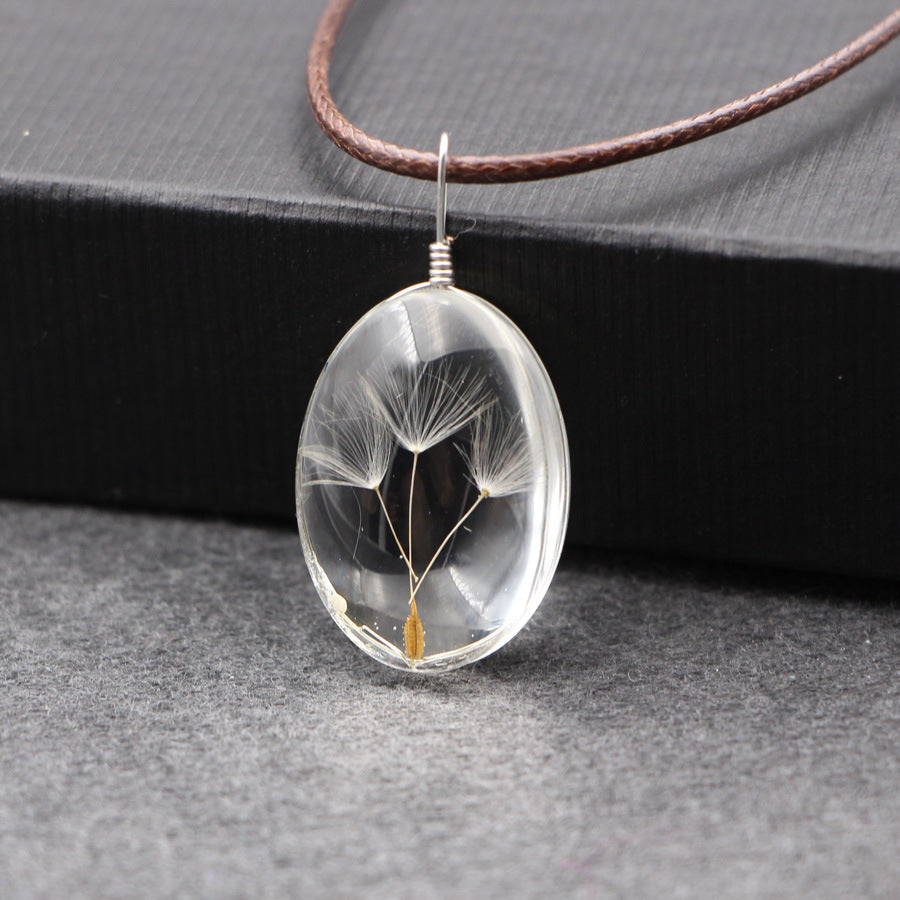 Wholesale Handmade Dandelion Glass Pendant Necklace Three Flower Oval Design Fashion Jewelry Accessory For Gift And Everyday Wear