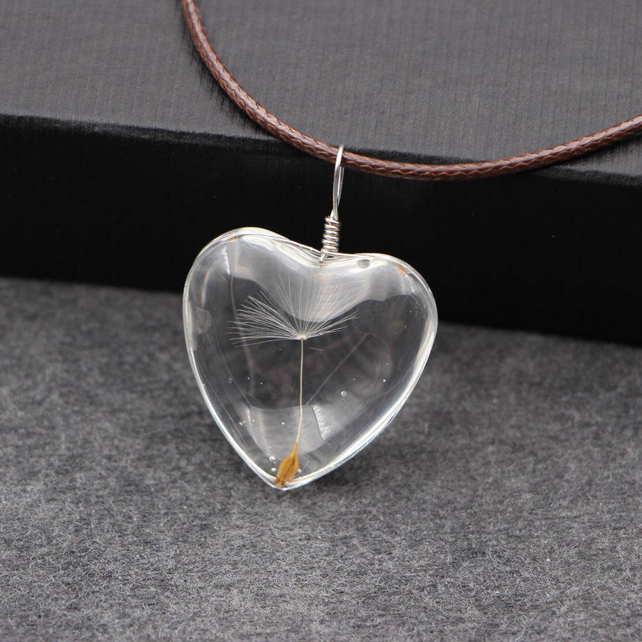 Wholesale Handmade Dandelion Glass Pendant Necklace Three Flower Oval Design Fashion Jewelry Accessory For Gift And Everyday Wear
