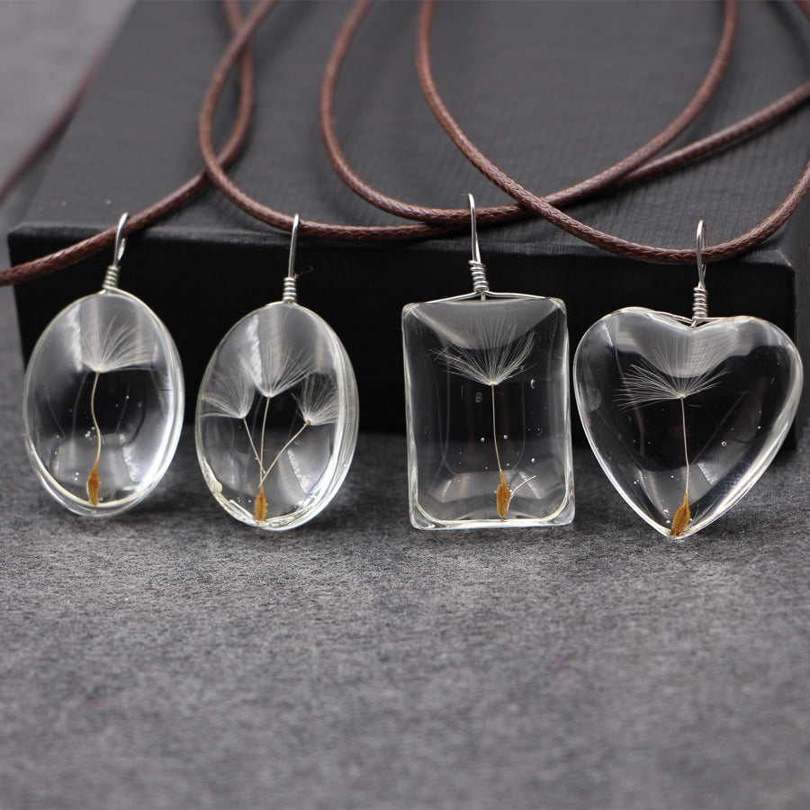 Wholesale Handmade Dandelion Glass Pendant Necklace Three Flower Oval Design Fashion Jewelry Accessory For Gift And Everyday Wear