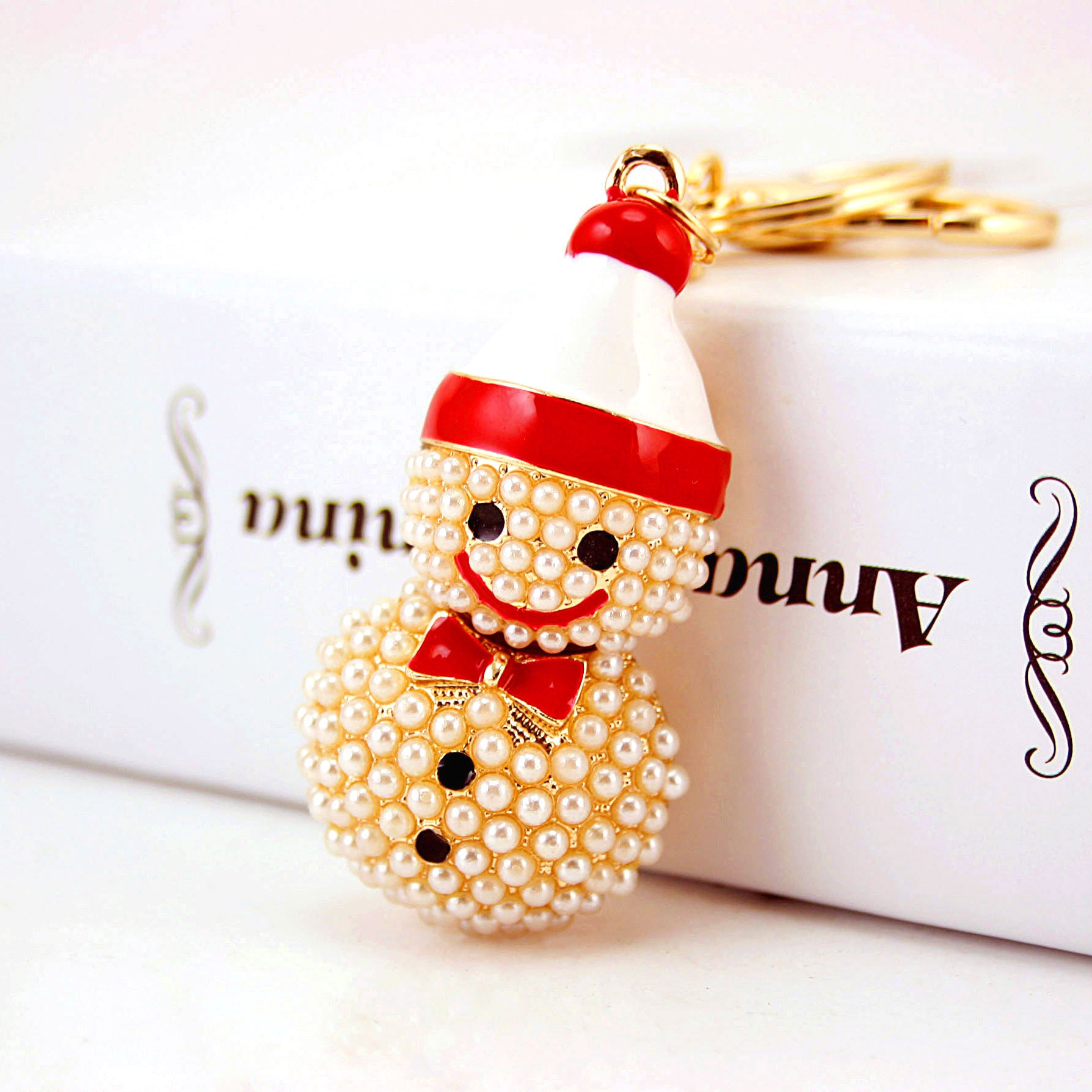Wholesale Christmas Zinc Alloy Cartoon Pearl Snowman Keychain