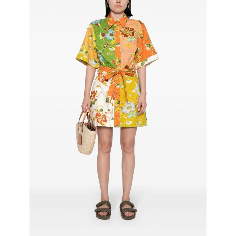 Wholesale Cotton Linen Flower Printing Lace Up Women Clothes