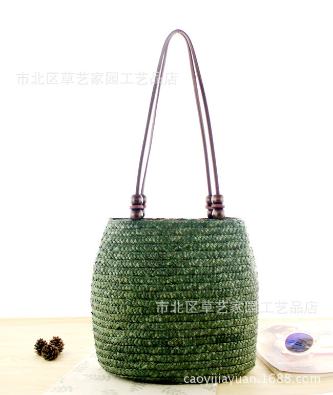 Wholesale Wooden Beaded Wheat Straw Handmade Straw Woven Shoulder Beach Bag