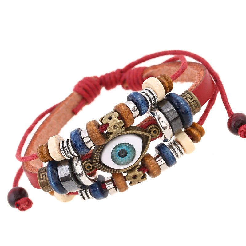 Wholesale Beaded Devil's Eye Cowhide Bracelet