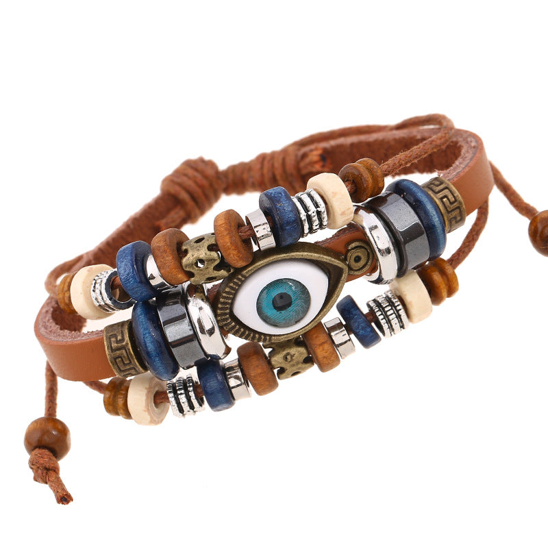 Wholesale Beaded Devil's Eye Cowhide Bracelet