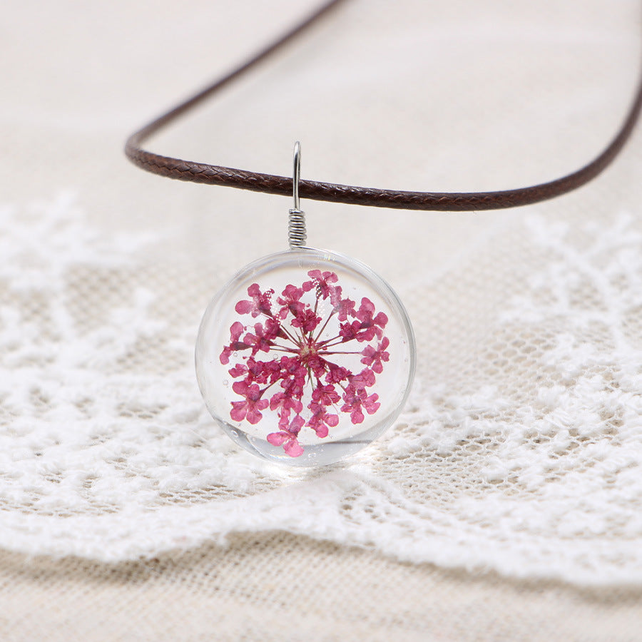 Wholesale Crystal Glass Dried Flower Pendant Necklace Pink Lace Ball Charm Trendy Jewelry Accessory For Daily Wear