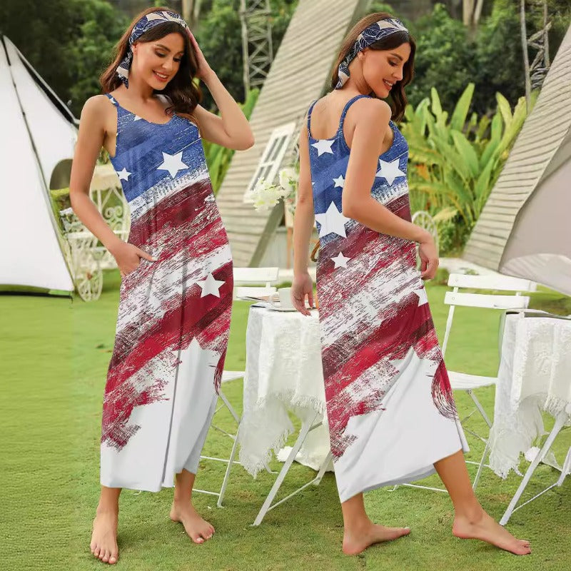 Wholesale Independence Day Flag Printed Suspender Pocket Fashion Dress