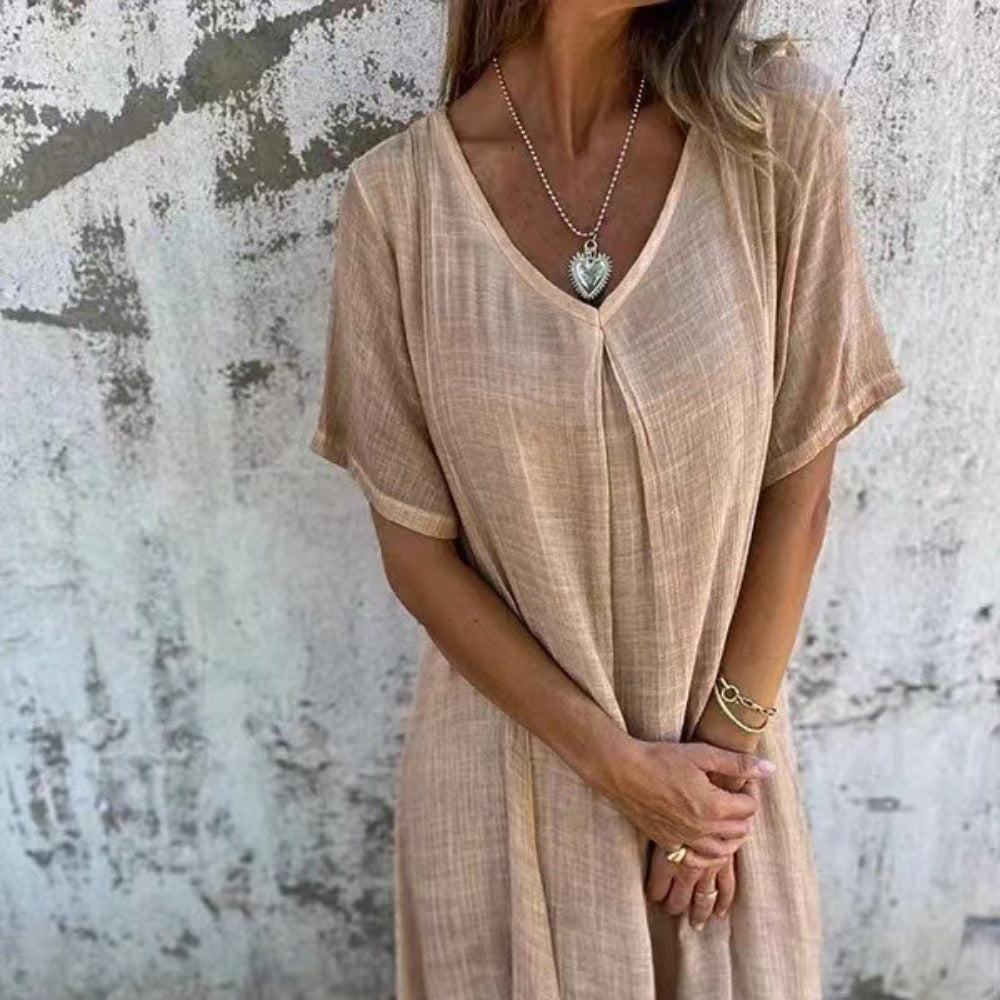 Wholesale Casual Loose Short Sleeve V-Neck Solid Color Cotton and Linen Dress