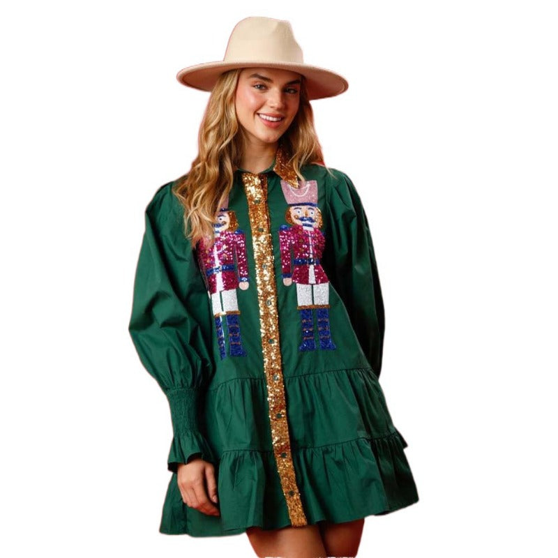 Wholesale Autumn/winter Contrasting Long Sleeved Lapel Christmas Sequin Women Clothes