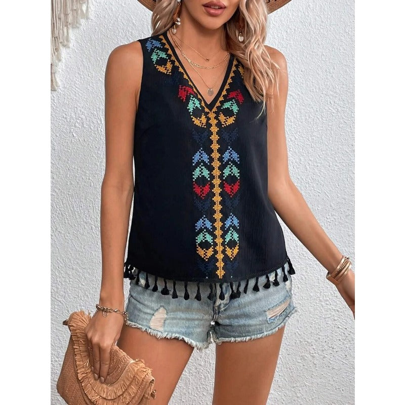 Wholesale Ethnic Style V-neck Embroidered Patchwork Hem Hairy Vest