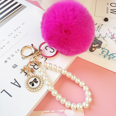 Wholesale Pearl Chain Plush 8cm Fur Ball Keychain