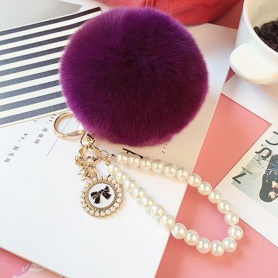 Wholesale Pearl Chain Plush 8cm Fur Ball Keychain
