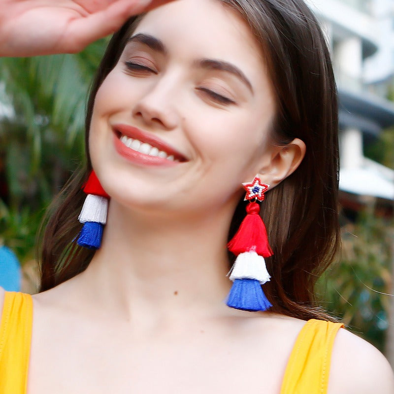 Wholesale American Flag Hand-woven Red, Blue and White Tassel Earrings