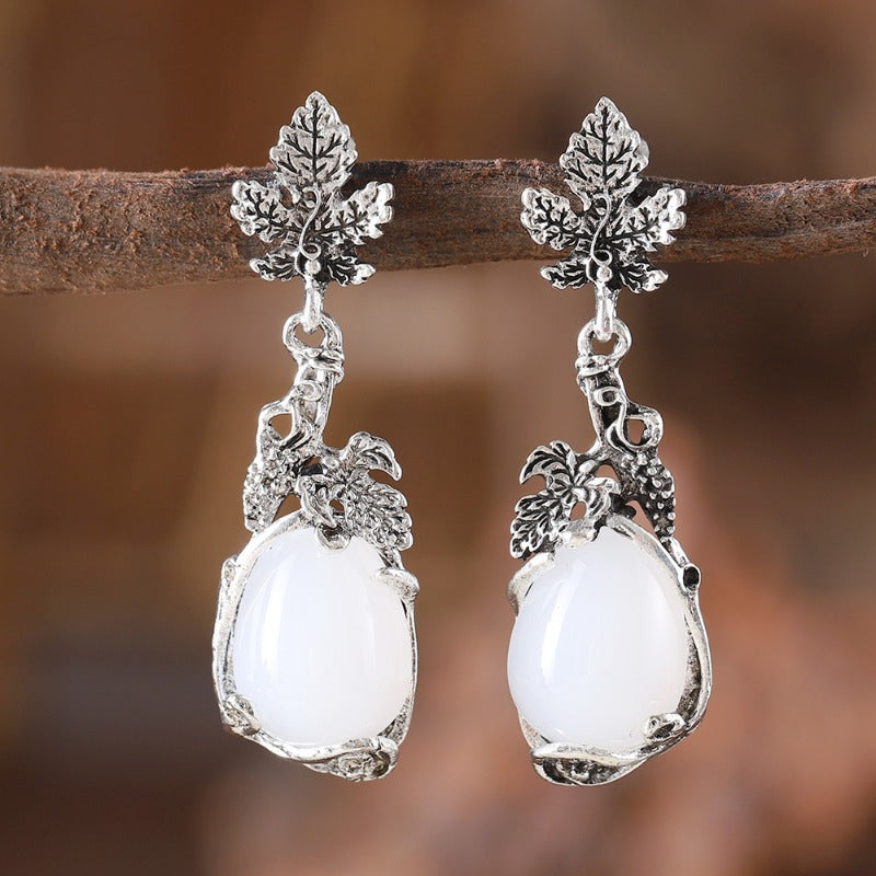 Wholesale Palace Style Grape Vine Leaves Inlaid Opal Pendant Literary Retro Niche Simple Earrings