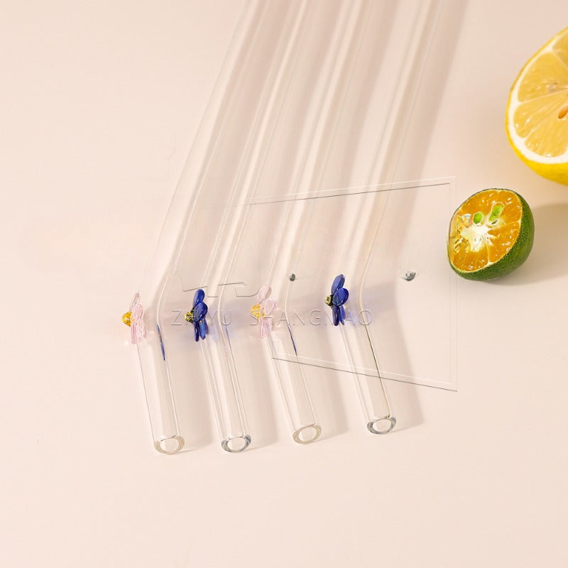 Wholesale Colorful Flower Borosilicate Glass Transparent Straws