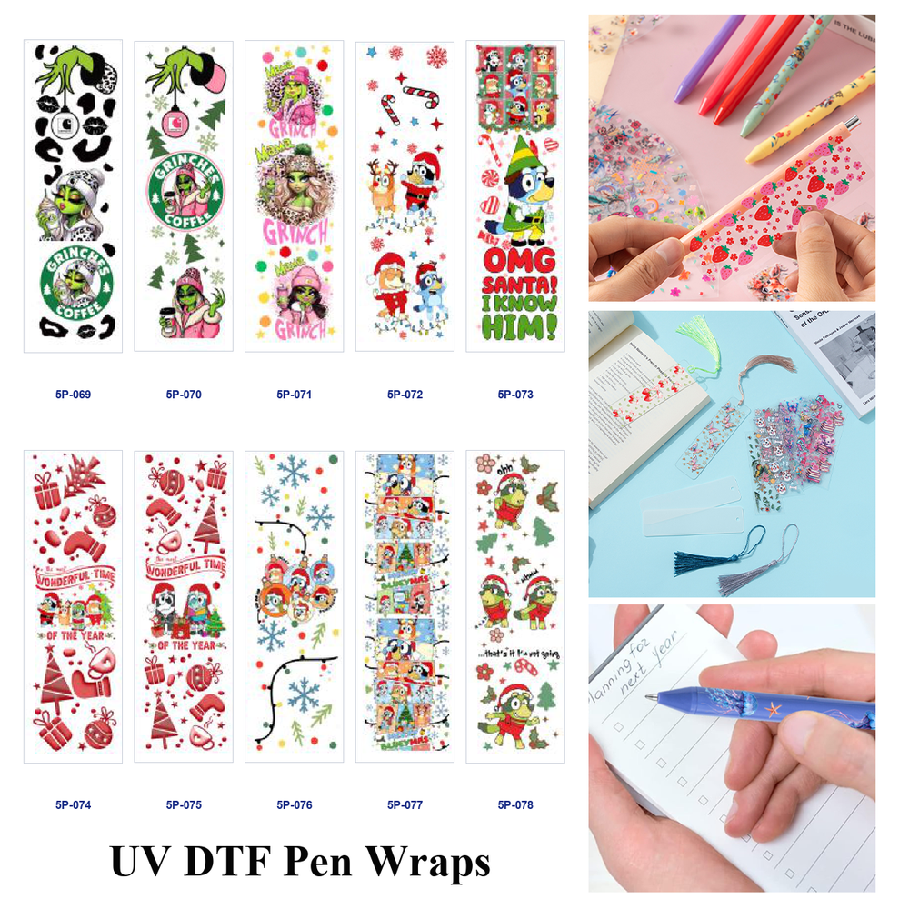 Wholesale 2/ 8/ 16pcs Christmas Party Gift Candy Cane Snowflake Playful Holiday Slogan Print Pen and Bookmark Stickers UV DTF Wraps OLY Exclusive