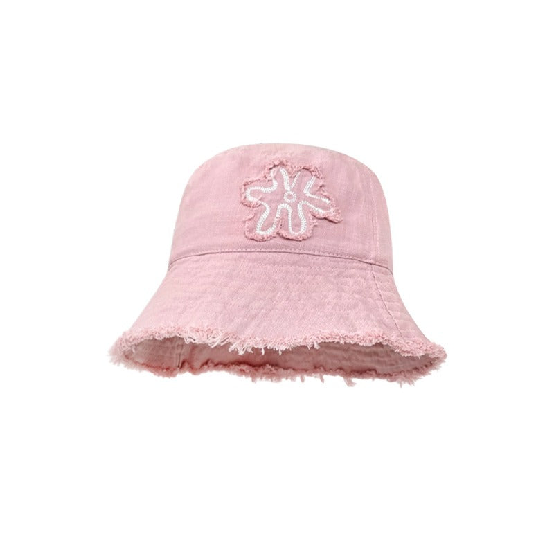 Wholesale Flower Embroidered Raw Edge Thin Bucket Hat