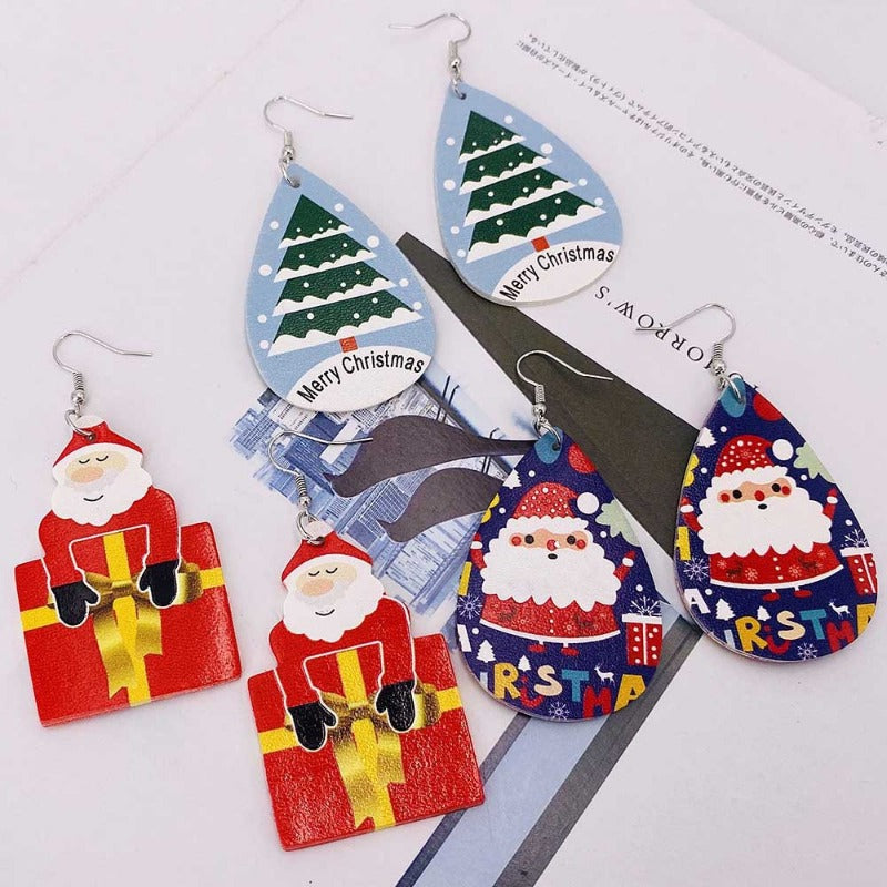 Wholesale Christmas Tree Bells Santa Claus Elk Leather Earrings