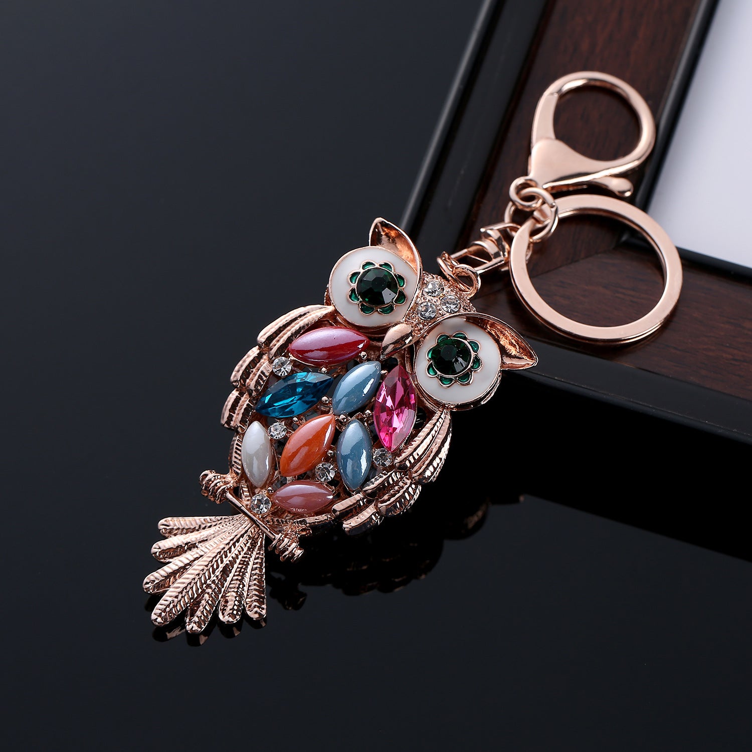 Wholesale Colored Diamond Owl Metal Keychain