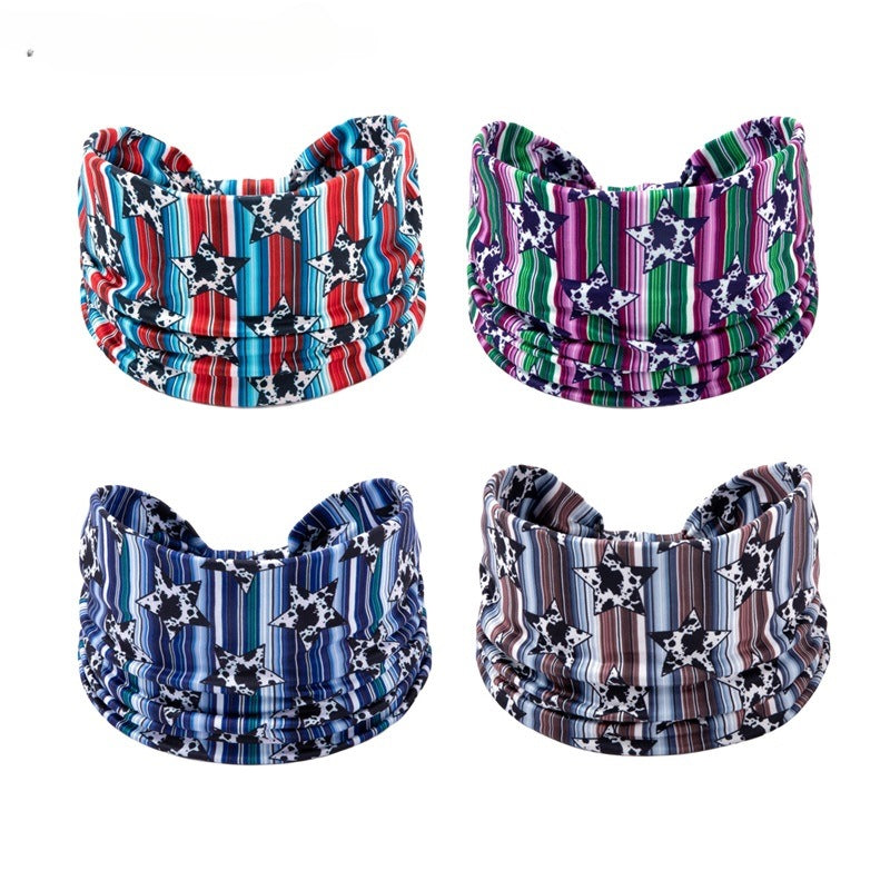 Wholesale Sports Hairband with Wide Edges and Ends Colorful Striped Star Bandana Cloth Headband 10pcs