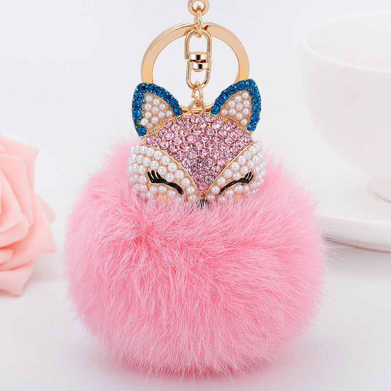 Wholesale Diamond Fox Head Rabbit Hair Hairball Zinc Alloy Keychains