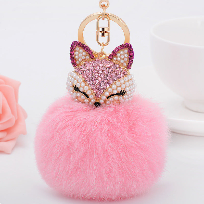 Wholesale Diamond Fox Head Rabbit Hair Hairball Zinc Alloy Keychains