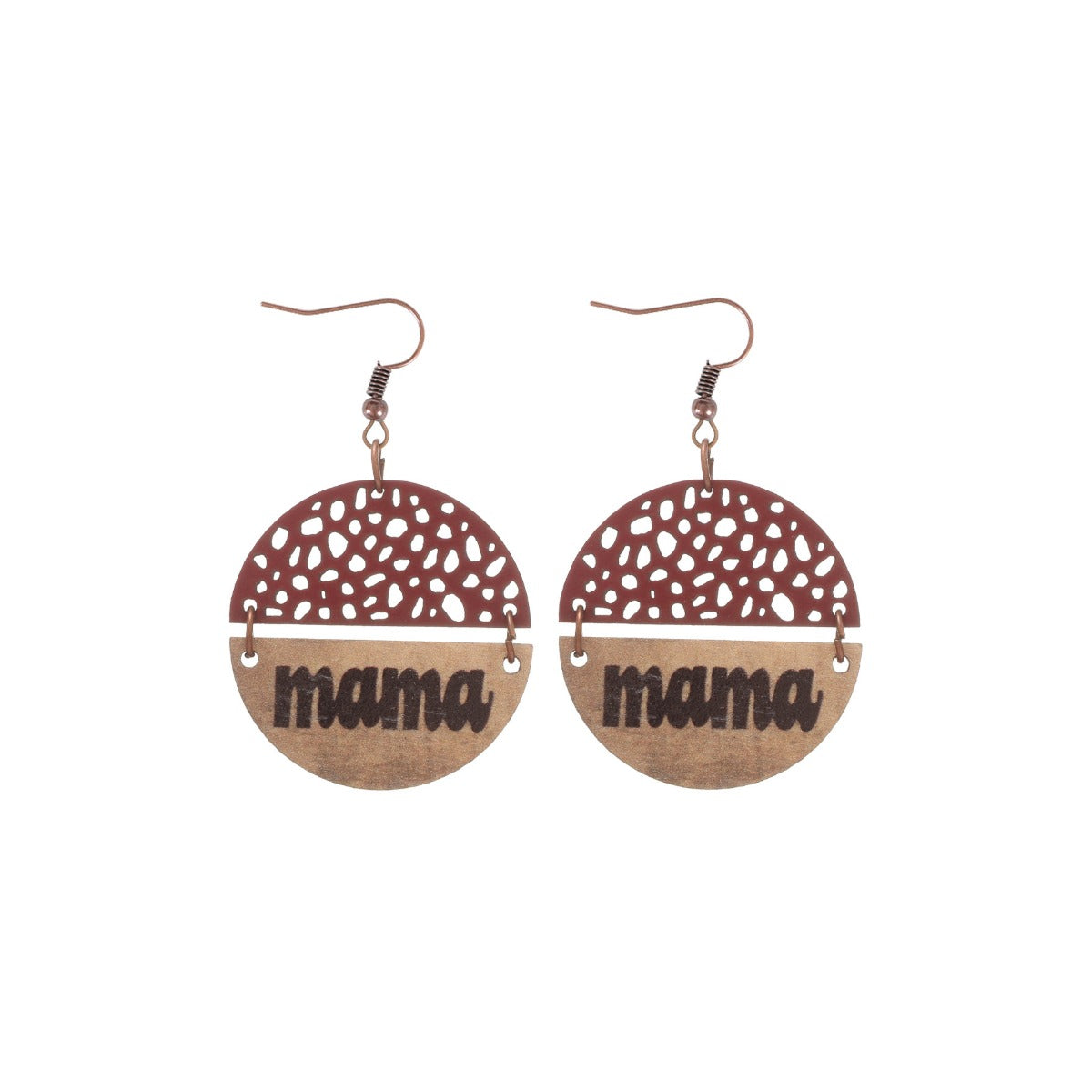 Wholesale Vintage Style MAMA Round Wood Chip Leather Earrings