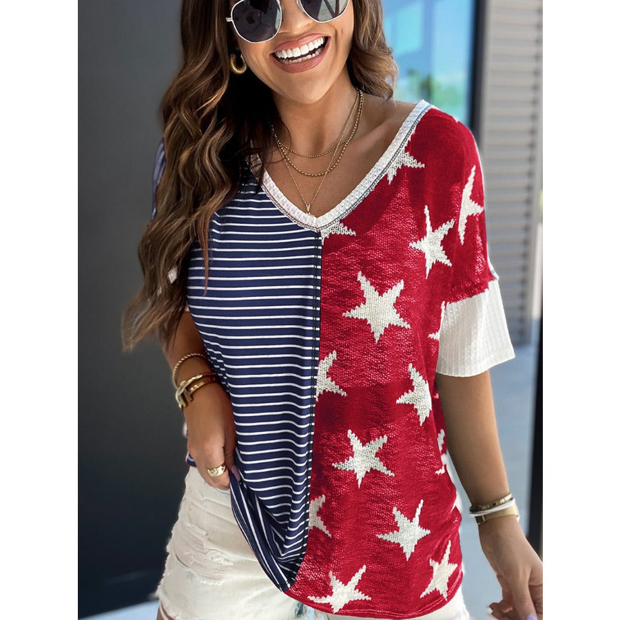 Wholesale Knitted American Flag Independence Day Printed Short Sleeves