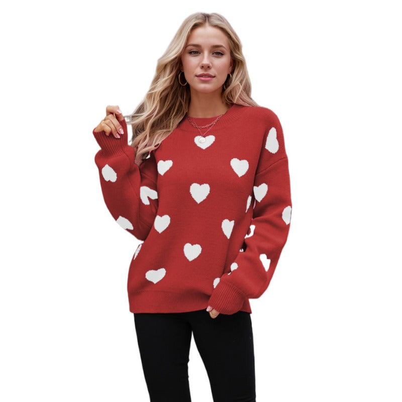 Wholesale Valentine's Day Love Heart Pullover Women's Knitted Sweater Women's Large Size Loose Sweater