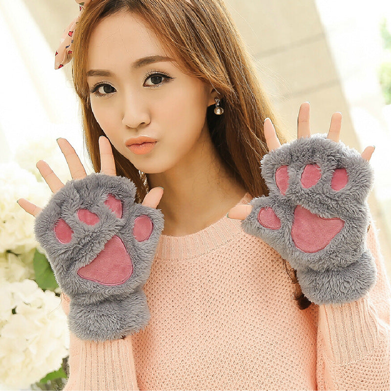 Wholesale Winter Fingerless Thickened Warm Cat Claw Plush Half Finger Gloves