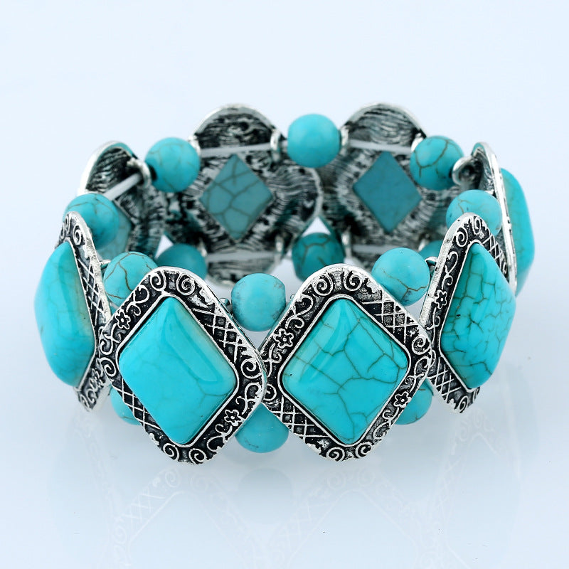 Wholesale Retro geometric pattern diamond turquoise bracelet