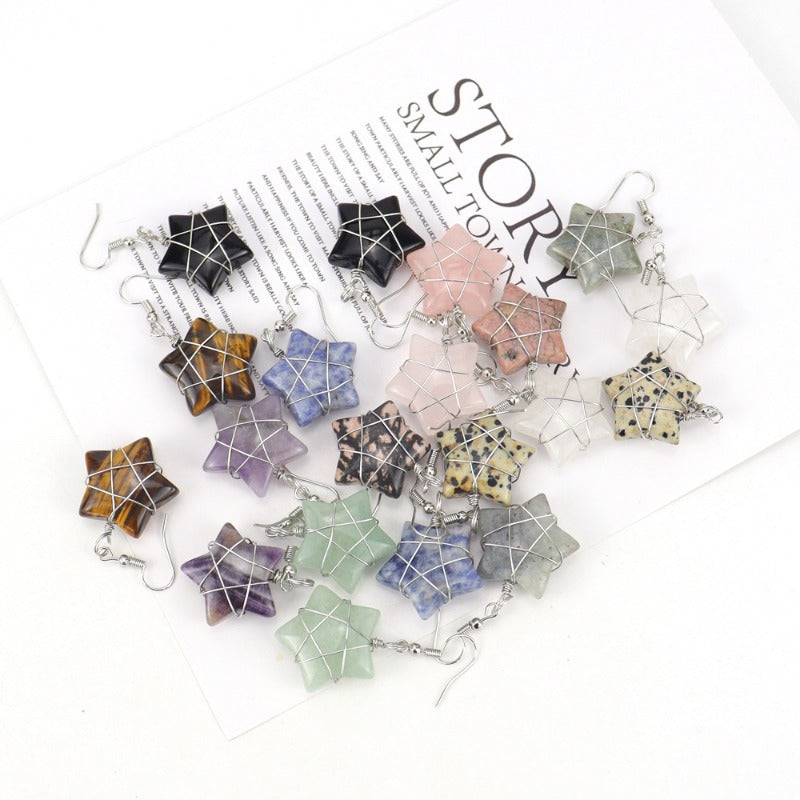 Wholesale Hand-wound Natural Crushed Stone Crystal Tiger Stone Pentagram Earrings