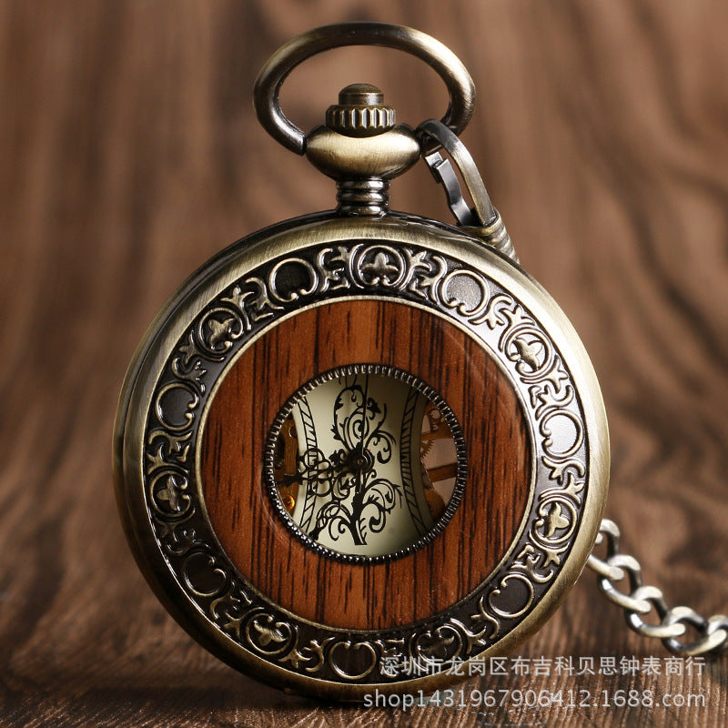 Wholesale Vintage wooden bezel Roman numeral manual mechanical pocket watch