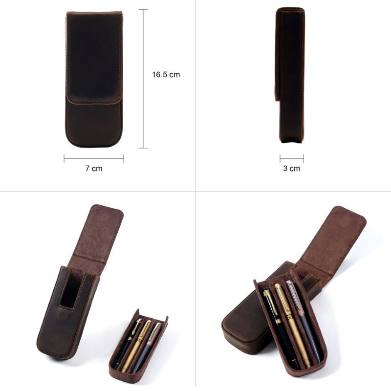 Wholesale Crazy Horse Leather 3-Pack Handmade Magnetic Drawer Pen Bag