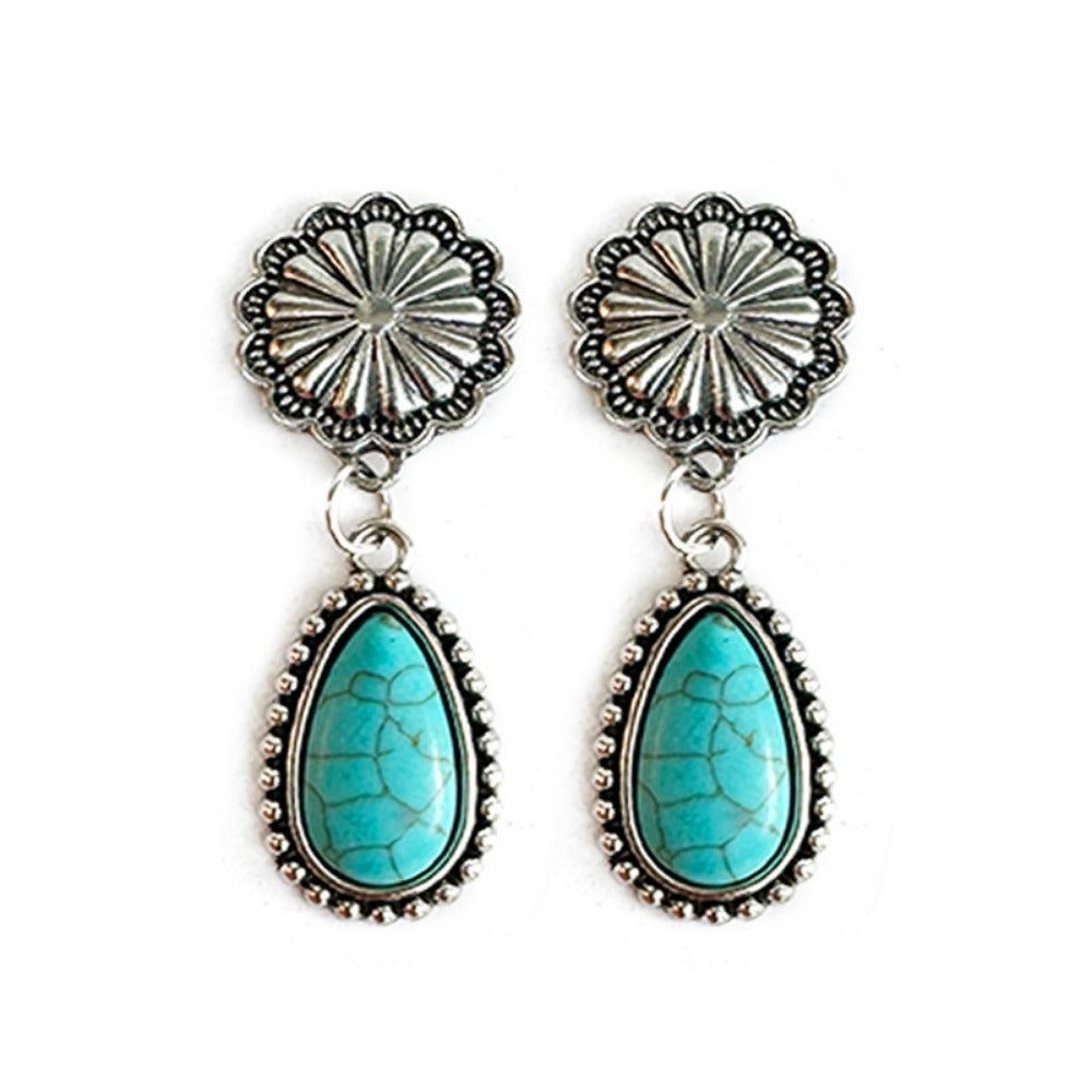 Wholesale Western Style Bull Head Sunflower Inlaid Turquoise Metal Earrings