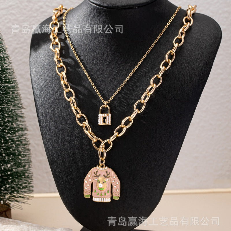 Wholesale Multicolor 14K Bright Gold Full Imitation Pearl Small Lock Multi-layer High-grade Oil Drop Sweater Christmas Necklaces